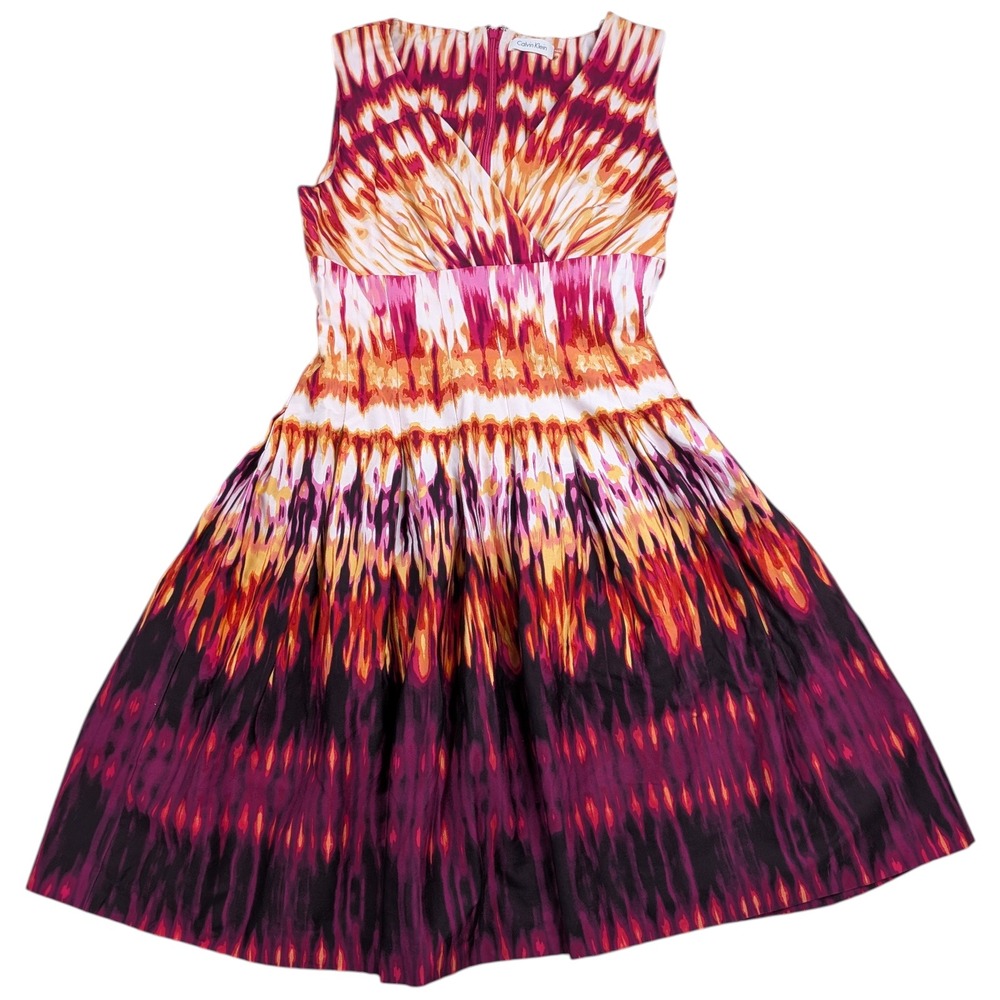 Calvin Klein Skater Dress Women 6 Red Orange Tie Dye V‎ Neck Chic